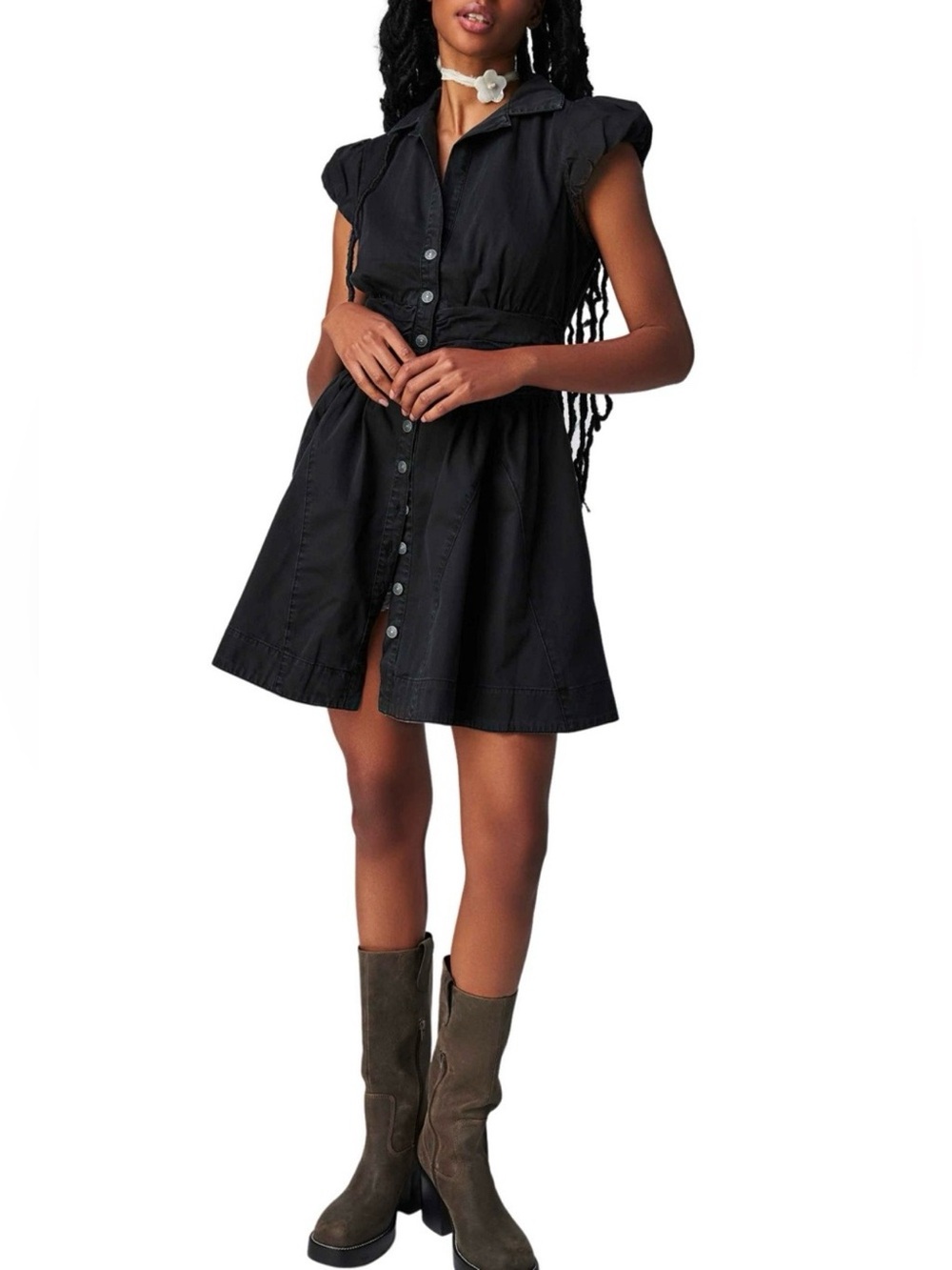 Free People Chester Black Denim Mini Dress Ruched Waist Size M